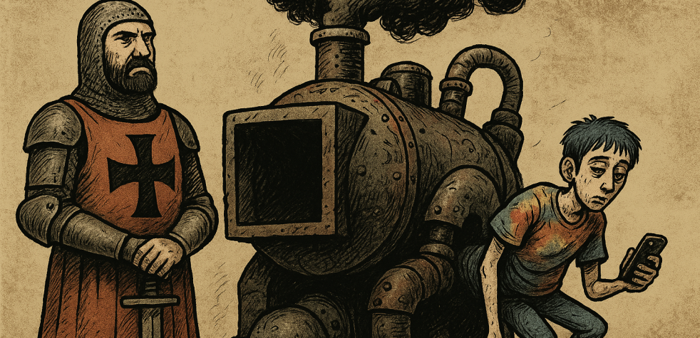 Illustration en style BD : un chevalier en armure fait face à une machine rouillée géante qui recrache un jeune homme déconnecté, le regard vide rivé sur son téléphone.
