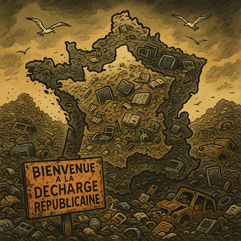 Illustration en style bande dessinée montrant la France remplie d’ordures, symbolisant une nation en déclin, saturée de déchets matériels et moraux.