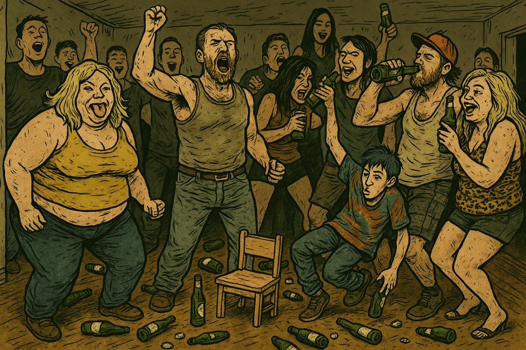 Illustration en style BD : une fête chaotique remplie d’adultes ivres et hurlants dans une pièce sale, au sol jonché de bouteilles vides, avec au centre une minuscule chaise d’enfant abandonnée.