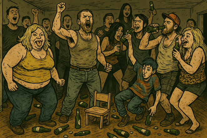 Illustration en style BD : une fête chaotique remplie d’adultes ivres et hurlants dans une pièce sale, au sol jonché de bouteilles vides, avec au centre une minuscule chaise d’enfant abandonnée.