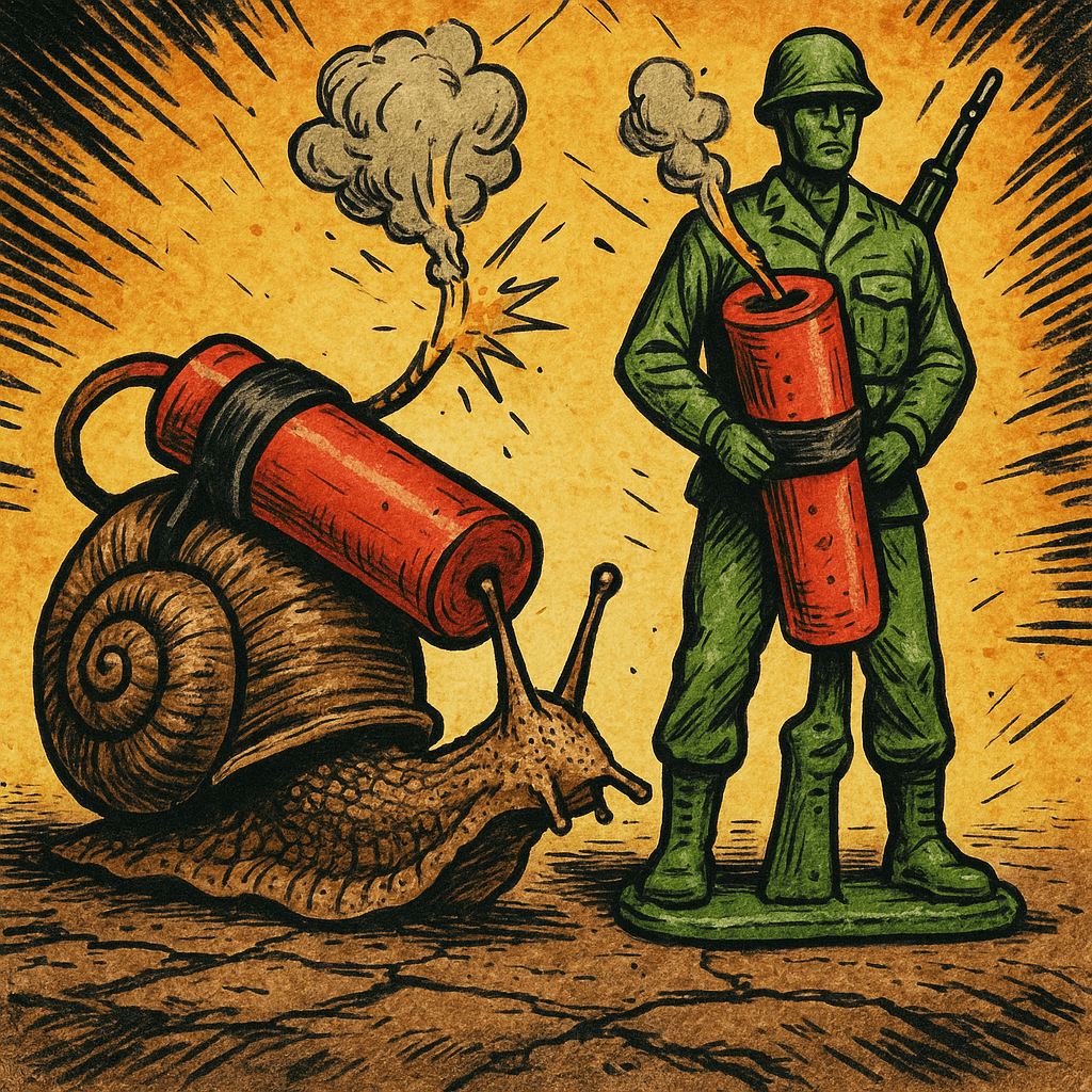 Un escargot avec un bâton de dynamite attaché à sa coquille et un soldat en plastique vert avec un pétard coincé entre les jambes, côte à côte, sur un fond explosif de bande dessinée stylisée.