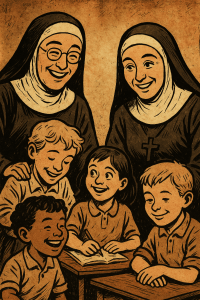 Illustration en style bande dessinée réaliste de deux sœurs dominicaines souriantes s’occupant de jeunes enfants dans une ambiance paisible et bienveillante.