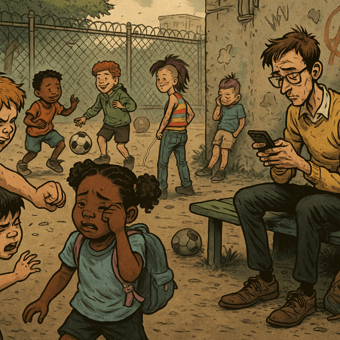 Dans une cour d’école moderne, un surveillant fatigué, assis sur un banc, regarde son téléphone pendant que plusieurs enfants se disputent, crient, jouent ou pleurent. L’image dépeint le désordre et le manque d’autorité qui règnent dans certaines écoles publiques d’aujourd’hui.