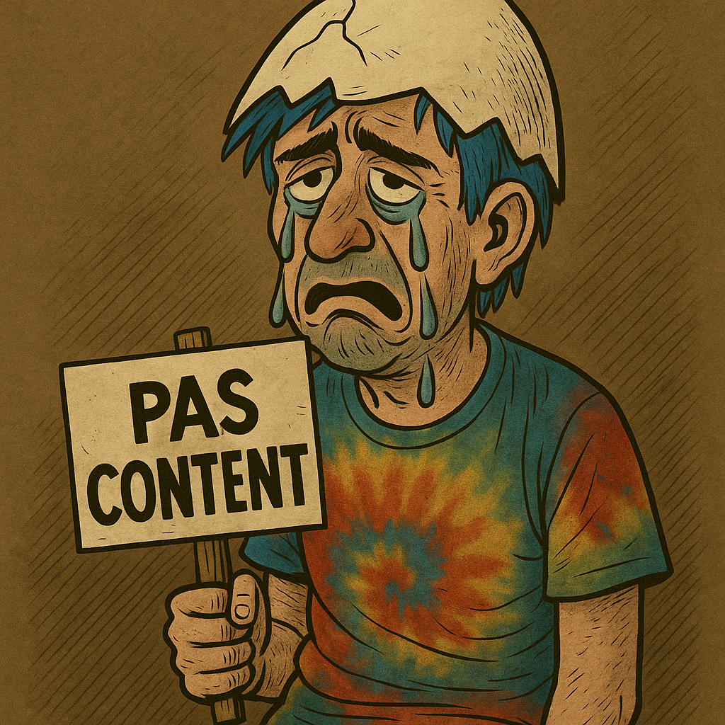 Illustration de Kévin, cheveux bleus et coquille de Calimero sur la tête, tenant une pancarte “Pas Content” avec un air triste et outré, style BD Déchaînée.