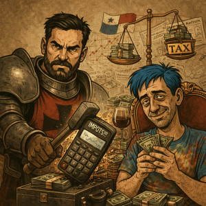 Illustration BD représentant un chevalier en armure frappant une calculatrice “impôts” face à un homme souriant entouré d’argent, symbolisant l’optimisation fiscale et les stratégies des riches pour éviter l’impôt.