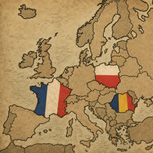 Carte illustrée de l’Europe où la France, la Pologne et la Roumanie sont mises en évidence aux couleurs de leurs drapeaux nationaux.