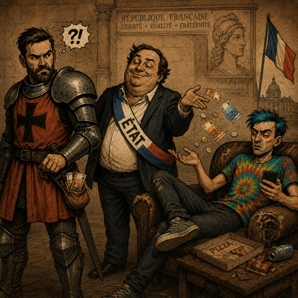 Le Daron en chevalier regarde l’État français lui prendre des euros pour les redistribuer à Kévin. Légende