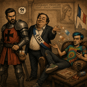 Le Daron en chevalier regarde l’État français lui prendre des euros pour les redistribuer à Kévin. Légende