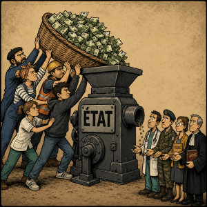 Des travailleurs versent une immense quantité de billets dans une machine marquée État tandis qu’un médecin, un militaire, une enseignante et un juge n’en récupèrent que quelques pièces.