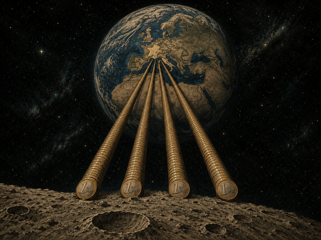 Quatre immenses colonnes de pièces de 1 euro relient la Lune à la France pour représenter 1 300 milliards d’euros.