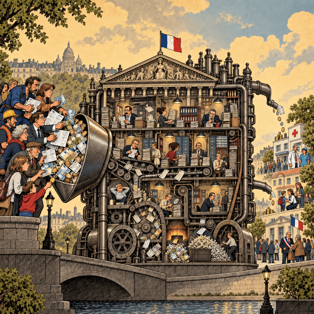 Illustration satirique montrant les contribuables français versant argent et formulaires dans une immense machine administrative, dont seule une petite partie ressort vers l’hôpital, l’école et les services publics.